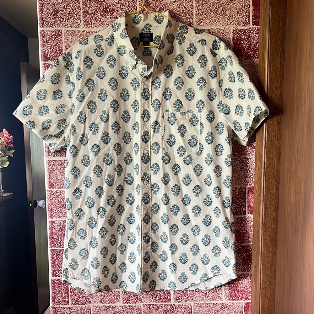 J. Crew Cream and Blue Patterned Button Down Shirt